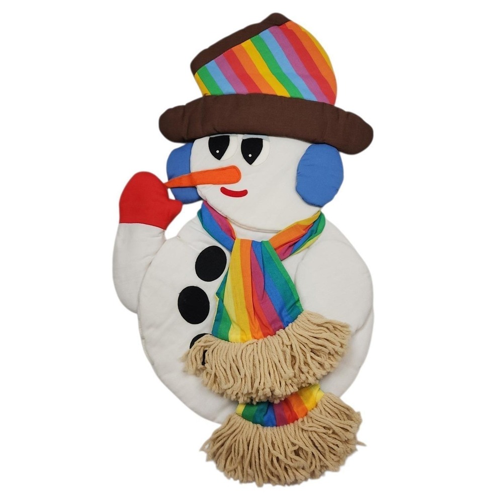Vintage 80s Door Hanger Winter Christmas Decor Snowman White Rainbow Fabric USA